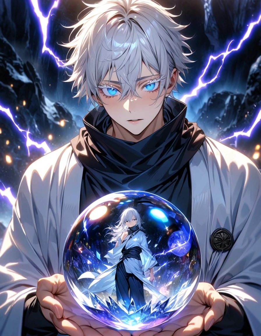 absurdres, highres, ultra detailed, HDR, master piece, best quality, Gojo Satoru trapped inside a crystal ball, white hair, with bangs, hair between the eyes, expressive blue eyes, white eyelashes, Jujutsu Kaisen, solo, sexy man, handsome, white haori, black tight shirt, black scarf, fantasy magical background, sparkling, shining, purple lightning, floating round lights, starry, void