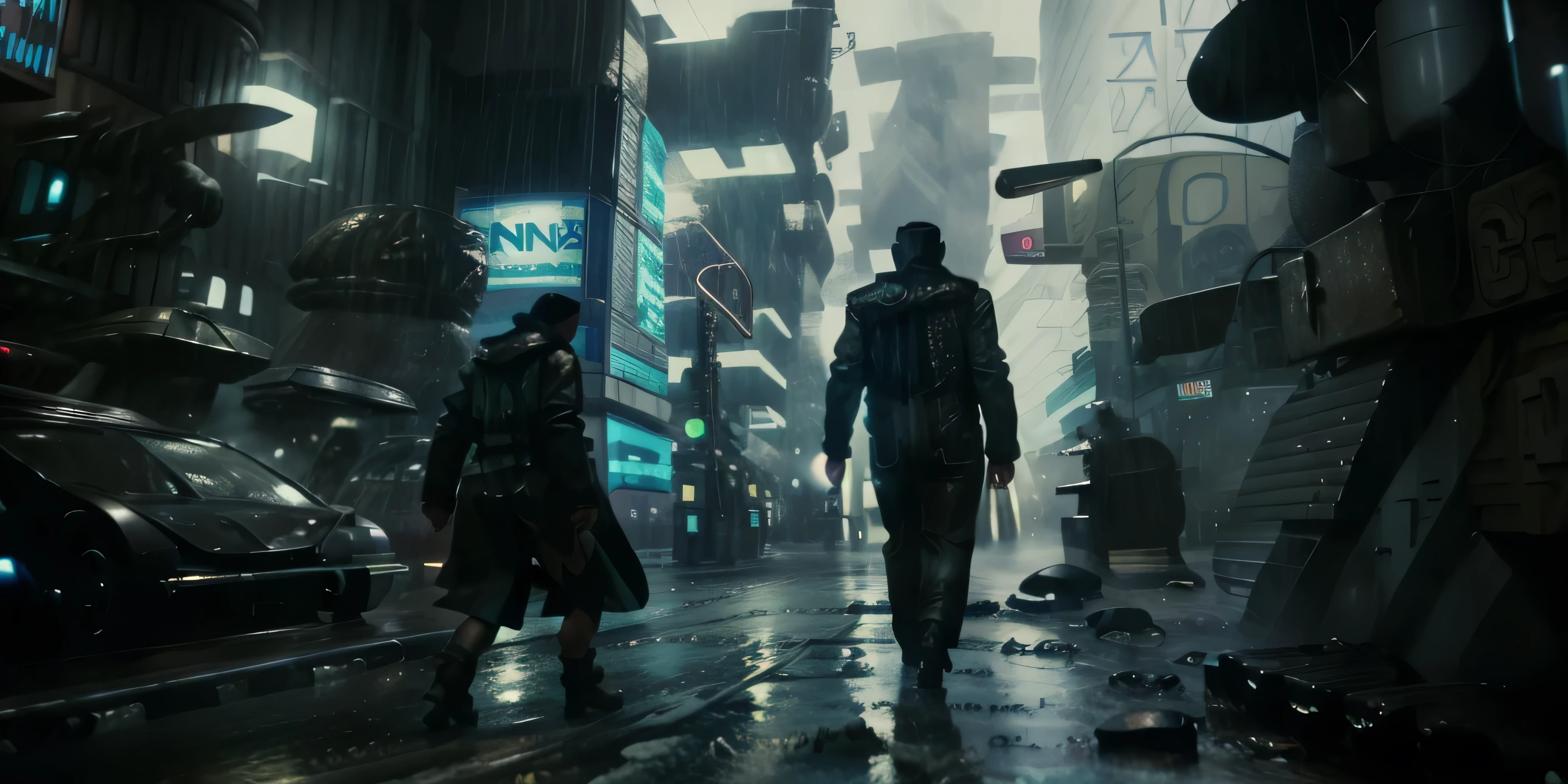 There's a man walking down the street in the rain, blade runner vibes, Blade runner with 4K resolution, estilo de filme blade runner, como uma cena de blade runner, arte cyberpunk de blade runner, blade runner fotorrealista, rua ciberpunk, Blade Runner 2049 Estilo, cyberpunk 8k, cara cyberpunk, Blade Runner feel, estilo cyberpunk hiper-realista