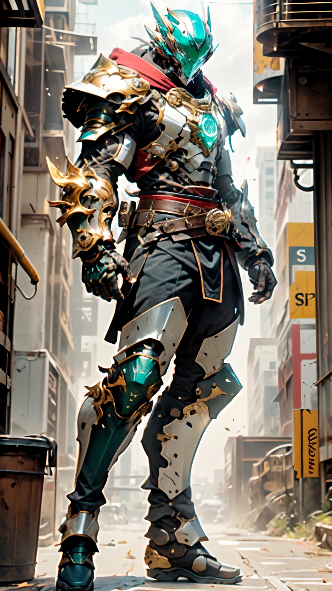 A man wearing a full-face helmet, a fantasy-style biotech armored combat suit, green eyes, (a composite layered chest armor), fully enclosed shoulder guards, matching arm and leg guards, the belt is adorned with Sunstone, (the color scheme is primarily Aquamarine with red and white accents), the design balances heavy with agility, a high-tech bio-mecha armor, (Armor Concept Inspired by Samurai, stand on the top of a skyscraper in a futuristic sci-fi city), this character embodies a finely crafted fantasy-surreal style armored hero in anime style, exquisite and mature manga art style, (battle damage, element, plasma, energy, the armor glows), ((male:1.5)), metallic, real texture material, dramatic, high definition, best quality, highres, ultra-detailed, ultra-fine painting, extremely delicate, professional, perfect body proportions, golden ratio, anatomically correct, symmetrical face, extremely detailed eyes and face, high quality eyes, creativity, RAW photo, UHD, 32k, Natural light, cinematic lighting, masterpiece-anatomy-perfect, masterpiece:1.5