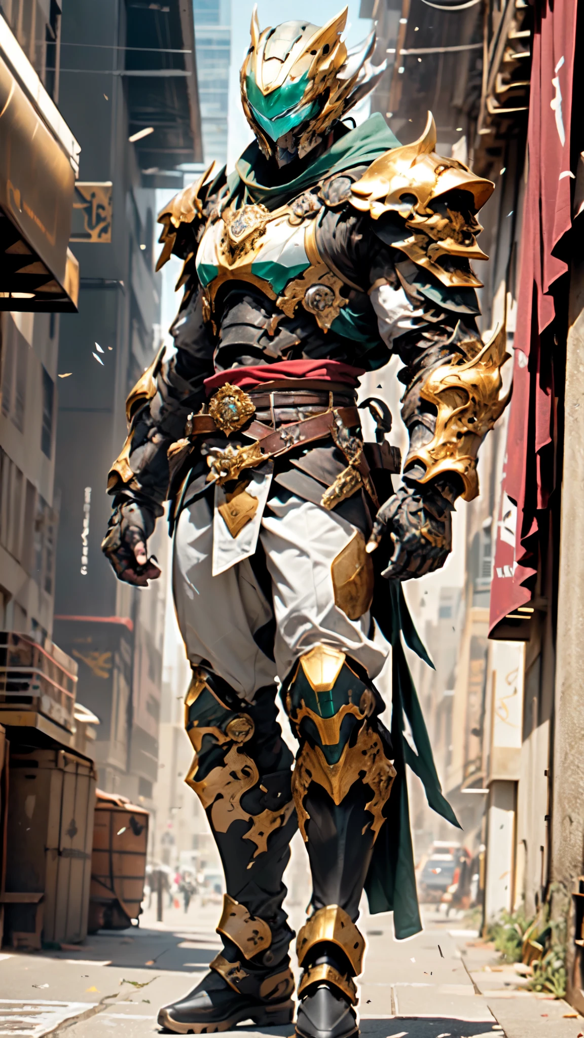 A man wearing a full-face helmet, a fantasy-style biotech armored combat suit, green eyes, (a composite layered chest armor), fully enclosed shoulder guards, matching arm and leg guards, the belt is adorned with Sunstone, (the color scheme is primarily Aquamarine with red and white accents), the design balances heavy with agility, a high-tech bio-mecha armor, (Armor Concept Inspired by Samurai, stand on the top of a skyscraper in a futuristic sci-fi city), this character embodies a finely crafted fantasy-surreal style armored hero in anime style, exquisite and mature manga art style, (battle damage, element, plasma, energy, the armor glows), ((male:1.5)), metallic, real texture material, dramatic, high definition, best quality, highres, ultra-detailed, ultra-fine painting, extremely delicate, professional, perfect body proportions, golden ratio, anatomically correct, symmetrical face, extremely detailed eyes and face, high quality eyes, creativity, RAW photo, UHD, 32k, Natural light, cinematic lighting, masterpiece-anatomy-perfect, masterpiece:1.5