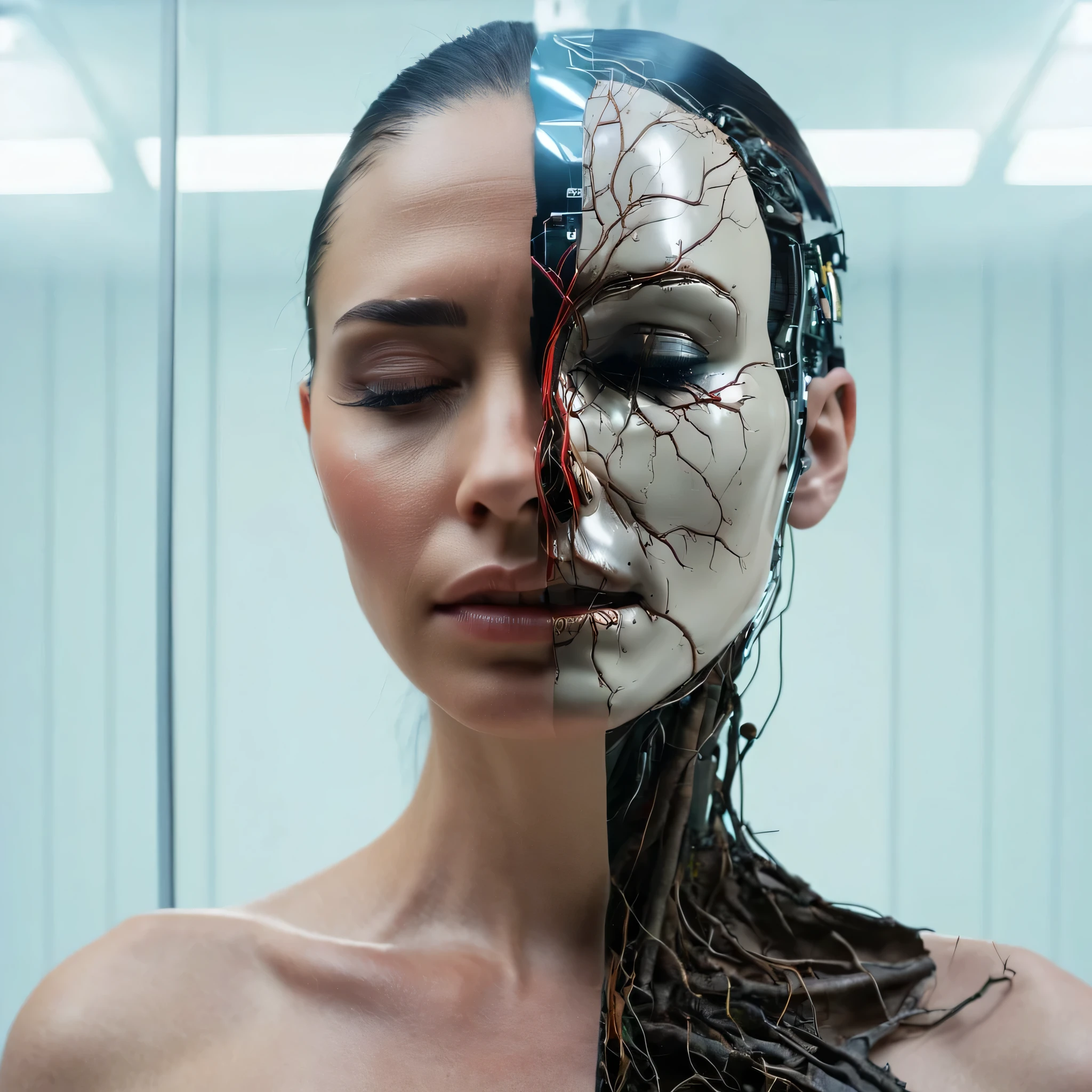 A woman's half face real and the other half humanoid machine , dark background , in a white clean room empty , reflections , roots in her neck , tears