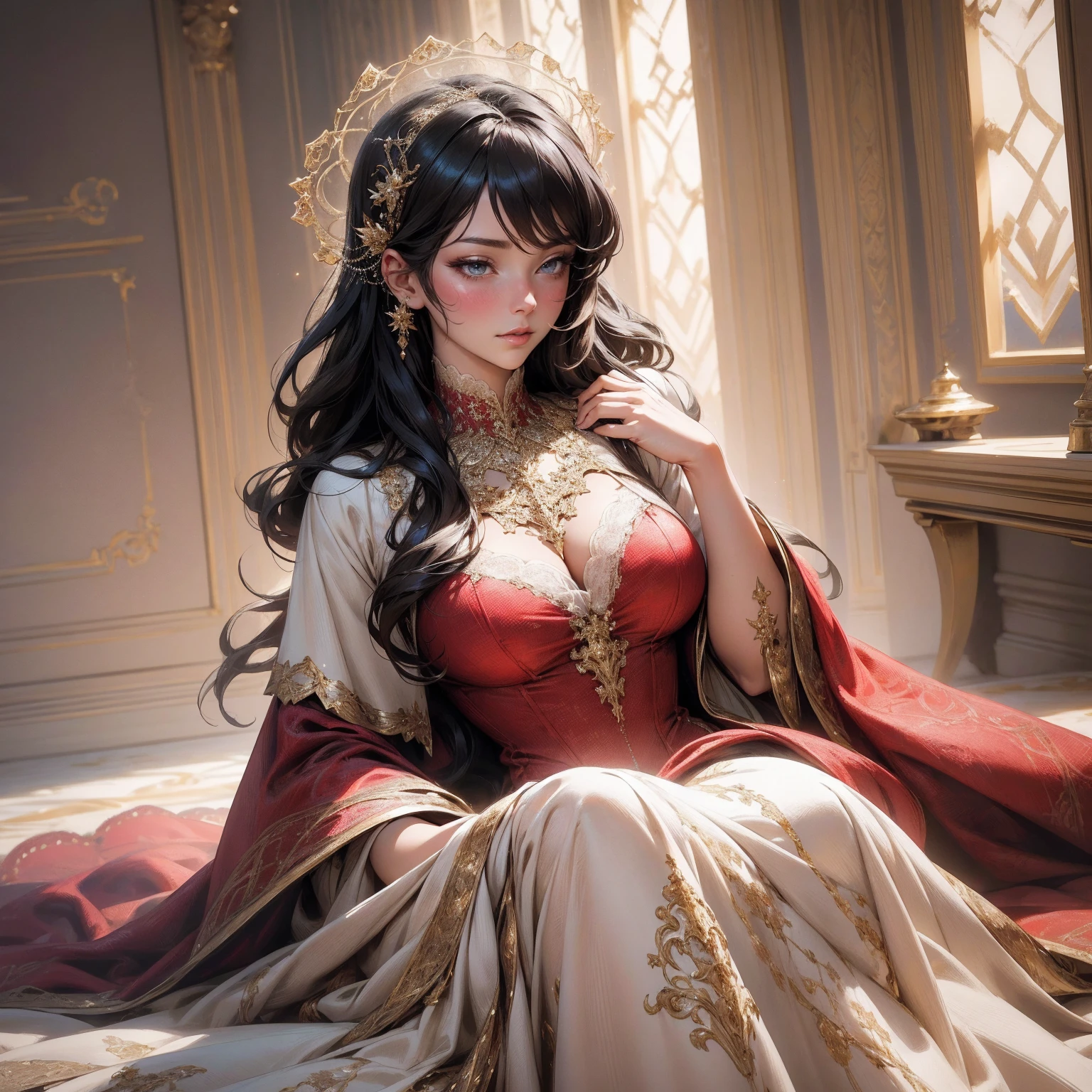 {-erro_de_anatomia:1.0}(best quality,4k,8k,highres,masterpiece:1.2), ultra-detailed, (realistic,photorealistic,photo-realistic:1.37), mature milf, illyasviel von einzbern, black hair, upper body, vibrant colors, glowing skin, mesmerizing eyes, brown eyes, elegant pose, enchanting background, delicate lace dress, red dress, surreal lighting, ethereal atmosphere, mystical aura, intricate details, artistic medium, digital illustration, fantasy, anime, sitting on the floor
