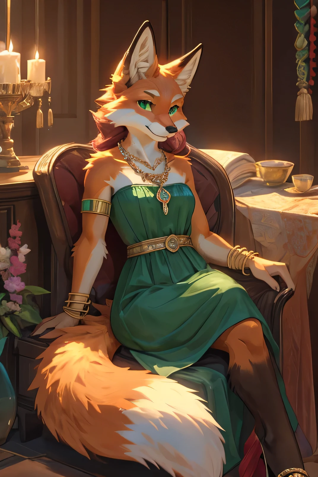 Fox, female, furry, anthropomorphic, pure white with cherry pink tips on the ears, paws and tail. Emerald green eyes with a mischievous glint. She usually dresses in elegant but comfortable clothes. She likes light-colored dresses and bright accessories, such as necklaces and bracelets.