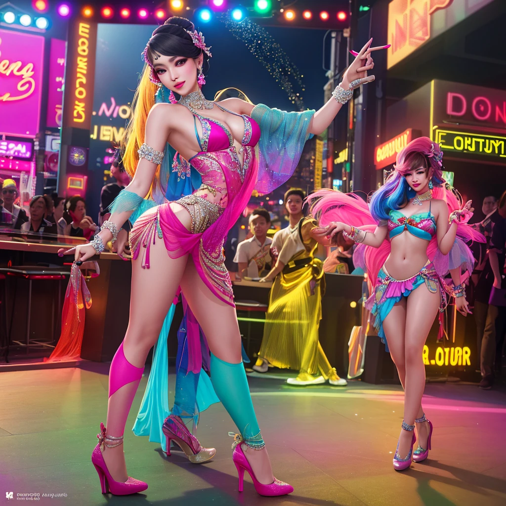 a beautiful ladyboy with stunning eyes and lips, elegant high heels, colorful lingerie, posing sensually on a stage, neon lights, crowded ladyboy bar in Bangkok, vibrant colors, dynamic dance movements, highly detailed, photorealistic, 8k, best quality