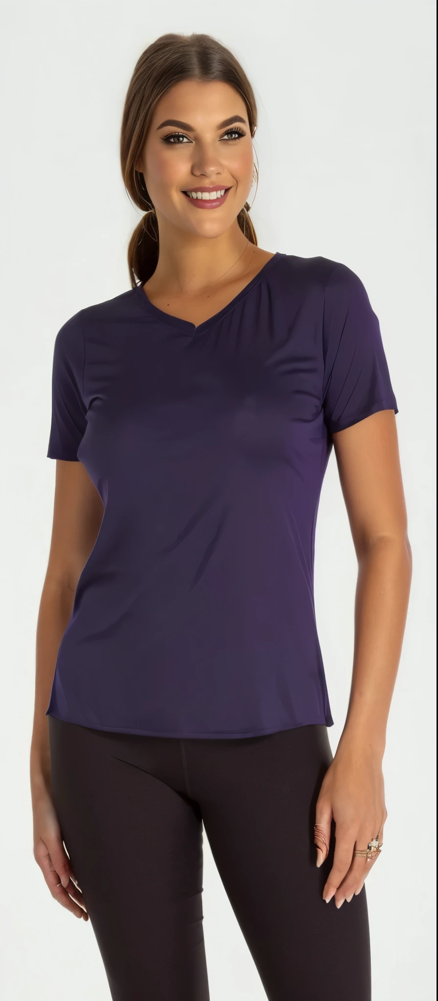 a woman in a top roxo and leggings smiles, violet coloured Camiseta, vestindo camiseta roxa, top roxo, roupas roxas escuras, roupas roxas, roupa roxa, Roupas roxas e pretas, camiseta, Manga curta, camiseta, Camiseta, regata apertada violeta, Visible upper body, camisa apertada, pele roxa escura, com ombreiras