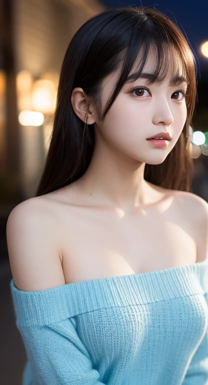 Pieces fly, highest quality, 8k, ((, 10th Generation,Lolita,Chil, Primary school students:1.5)), face,young face,RAW Photos, Confused, Award-winning portraits, ニヤニヤ笑face,bright笑face, White teeth,The corners of the mouth turn up,alone, (at night:1.8), idol face, Delicate girl,Slender body, Upper body, Digital SLR, View Viewer, Frank, Sophisticated,Thin arms, Slim body,Tap on the shoulder,Long, thin neck,Professional Lighting, Film Grain, chromatic aberration, (detailed eyes and face:1.0) , Black Hair , Shortcuts,bangs, double eyelid, Droopy eyes , Small breasts,Knitted Products,Very thin and sheer white knit,とても薄くて透けたKnitted Products,texture,Overexposure,shoulders protruding,((Drop shoulder:1.45 )),(Take off your clothes:1.0),(Clothes come off) , Take off your clothes , I can see your chest,Cleavage,A light shines in my heart,Gorgeous breasts,Shining Breasts,The chest comes out, bright,(Her breasts are visible through her eyes.),(Chest is visible),(The shape of the breasts is clearly visible),(The shape of the breasts is clearly visible),(ttranslucen),(transparent),(The chest area is transparent),