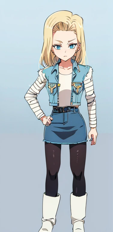 Anime girl, denim jacket, denim skirt, white boots, blond hair, blue eyes, black tights