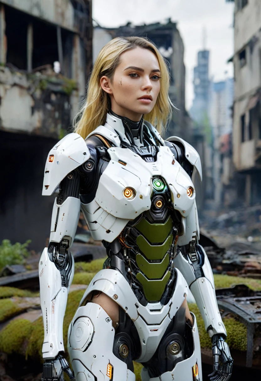 ((masterpiece, highest quality, Highest image quality, High resolution, photorealistic, Raw photo, 8K)), Abandoned robot soldier on battlefield, broken and immobile, rust and moss showing passage of time, female cyborg body, Blonde, female body, biomechanical , extra detailed body, blowjob white mech, white biomechanical details, detailed body, shiny white armor, cybernetic body, eva unit-00 on back, full body details, destroyed city in the background