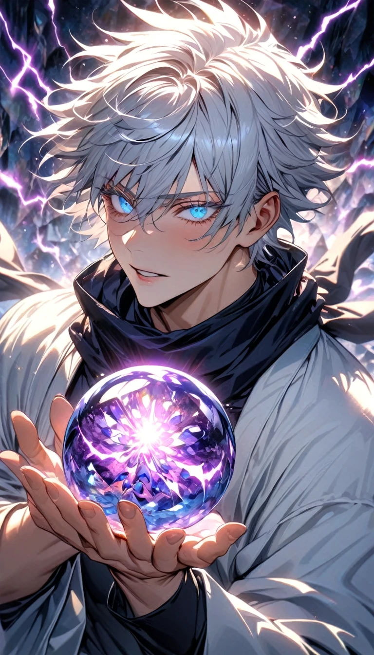 absurdres, highres, ultra detailed, HDR, master piece, best quality, (character trapped inside a crystal ball) Gojo Satoru, white hair, with bangs, hair between the eyes, expressive blue eyes, white eyelashes, Jujutsu Kaisen, solo, sexy man, handsome, white haori, black tight shirt, black scarf, fantasy magical background, sparkling, shining, purple lightning, floating round lights, starry, void