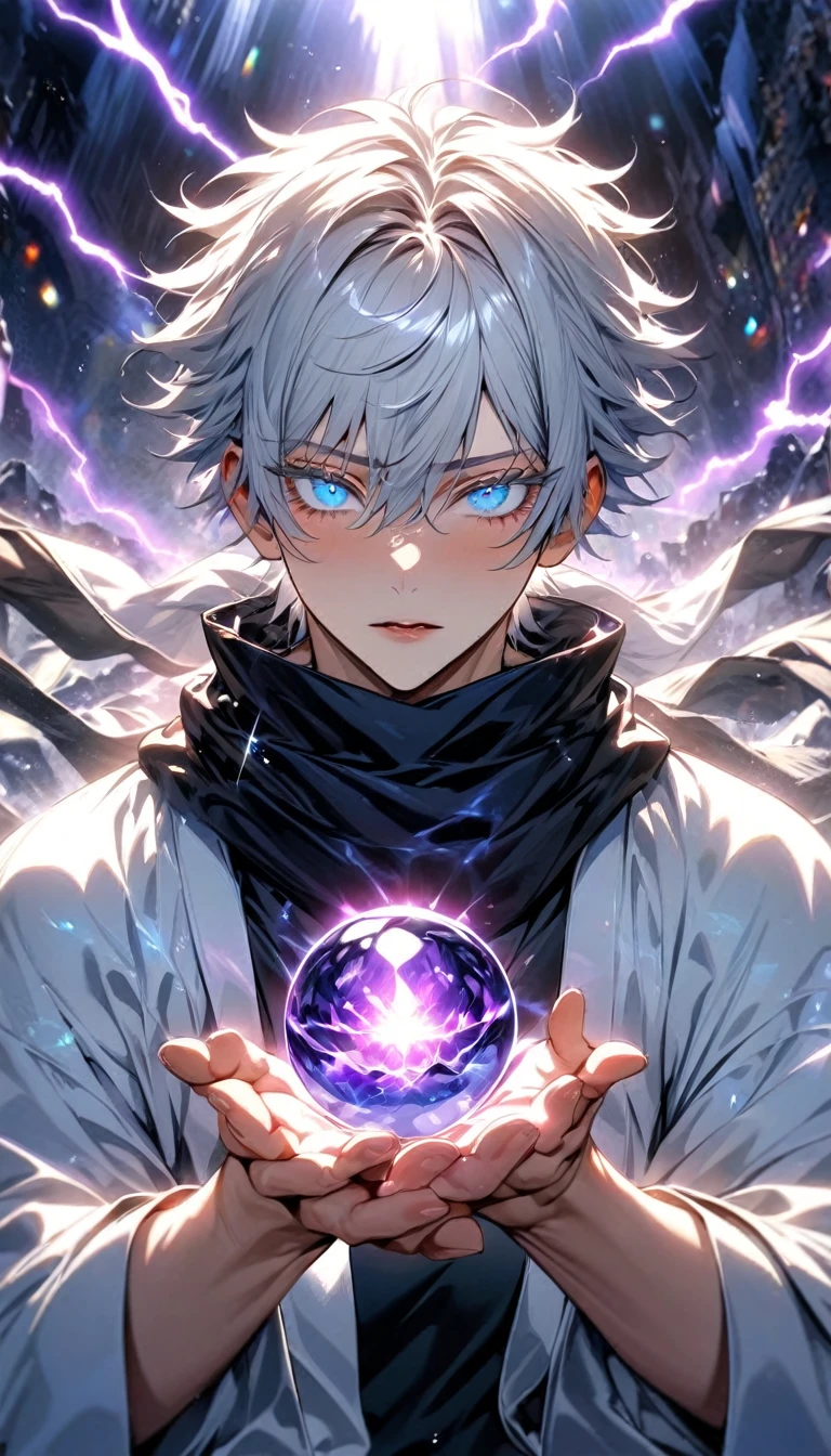 absurdres, highres, ultra detailed, HDR, master piece, best quality, (character trapped inside a crystal ball) Gojo Satoru, white hair, with bangs, hair between the eyes, expressive blue eyes, white eyelashes, Jujutsu Kaisen, solo, sexy man, handsome, white haori, black tight shirt, black scarf, fantasy magical background, sparkling, shining, purple lightning, floating round lights, starry, void