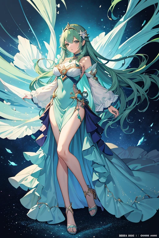 anime woman, finana ryugu from nijisanji, finana ryugu, blue dress with green hair, cute anime waifu in a nice dress, anime goddess,half mermaid, full body adoptable, astral witch clothes, pretty anime character design, anime full body illustration, official character art, anime character; full body art