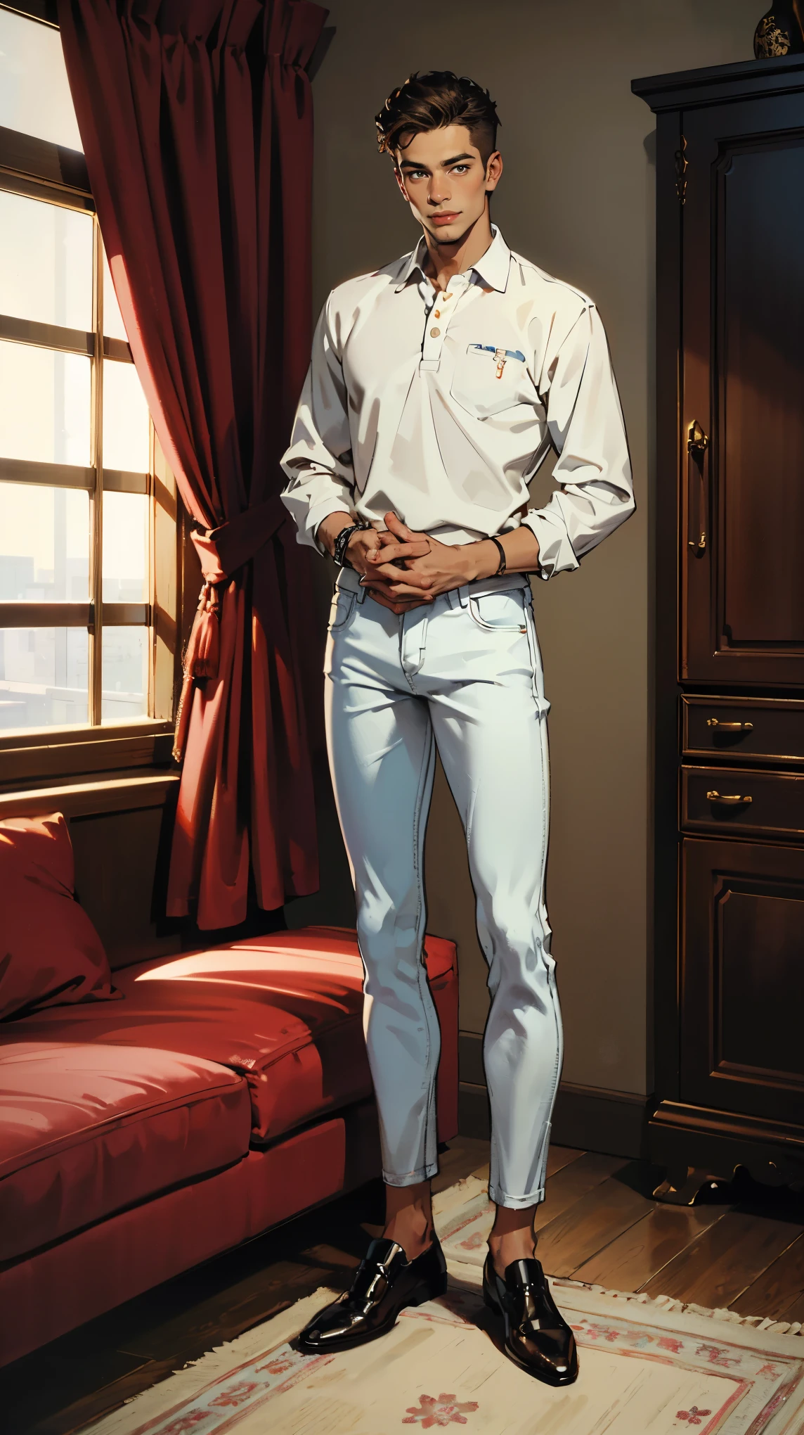 (ultra-detailed, photorealistic, best quality, 4k, 8k, highres, masterpiece:1.3), a strikingly handsome young man, perfectly sculpted muscular physique, short dark blonde hair, impeccably hair style, deep expressive blue eyes, he exudes confidence and charisma, (wearing white long-sleeves polo shirt),( premium denim jeans), (brown suede leather shoes), posture is relaxed yet commanding, easygoing smile that reveals his charming personality, The background features a luxurious, modern apartment with elegant furnishings, highlighting his sophisticated lifestyle, The scene captures his professional demeanor and captivating presence, emphasizing his role as a highly sought-after male escort and masseuse, (intricate detail, super finely detailed hands, ultra finely detailed fingers, full body showcase, show full body).