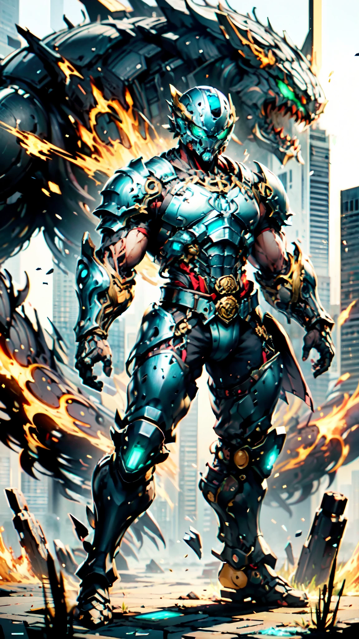 A man wearing a full-face helmet, a fantasy-style biotech armored combat suit, green eyes, (a composite layered chest armor), fully enclosed shoulder guards, matching arm and leg guards, the belt is adorned with Sunstone, (the color scheme is primarily Aquamarine with red and white accents), the design balances heavy with agility, a high-tech bio-mecha armor, (Armor Concept Inspired by Samurai, stand on the top of a skyscraper in a futuristic sci-fi city), this character embodies a finely crafted fantasy-surreal style armored hero in anime style, exquisite and mature manga art style, (battle damage, element, plasma, energy, the armor glows), ((male:1.5)), metallic, real texture material, dramatic, high definition, best quality, highres, ultra-detailed, ultra-fine painting, extremely delicate, professional, perfect body proportions, golden ratio, anatomically correct, symmetrical face, extremely detailed eyes and face, high quality eyes, creativity, RAW photo, UHD, 32k, Natural light, cinematic lighting, masterpiece-anatomy-perfect, masterpiece:1.5