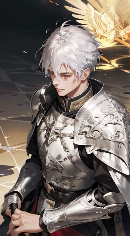 A man, silver hair, gold Eagle knight, fine armor, intricate design, red details, silk, cinematic lighting, 4k, floating hair, sharp, prism, shining knight