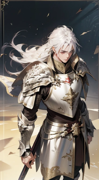 A man, silver hair, gold Eagle knight, fine armor, intricate design, red details, silk, cinematic lighting, 4k, floating hair, sharp, prism, shining knight