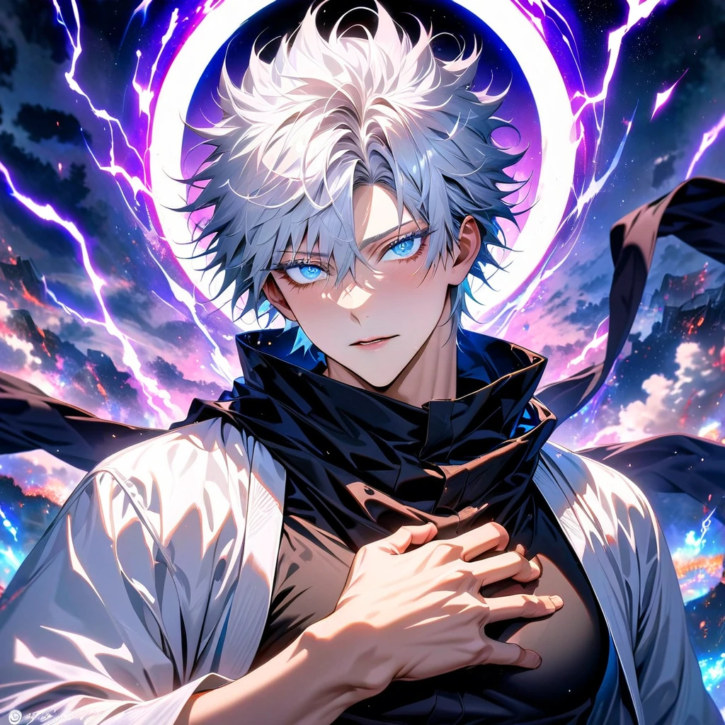 absurdres, highres, ultra detailed, HDR, master piece, best quality, Gojo Satoru, white hair, with bangs, hair between the eyes, expressive blue eyes, white eyelashes, Jujutsu Kaisen, solo, sexy man, handsome, white haori, black tight shirt, black scarf, fantasy magical background, sparkling, shining, purple lightning, floating round lights, starry, void