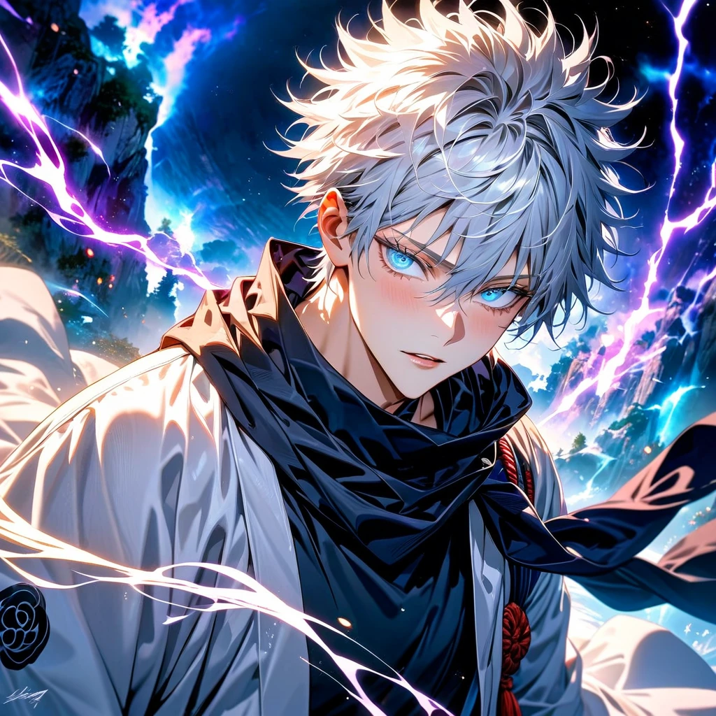 absurdres, highres, ultra detailed, HDR, master piece, best quality, Gojo Satoru, white hair, with bangs, hair between the eyes, expressive blue eyes, white eyelashes, Jujutsu Kaisen, solo, sexy man, handsome, white haori, black tight shirt, black scarf, fantasy magical background, sparkling, shining, purple lightning, floating round lights, starry, void