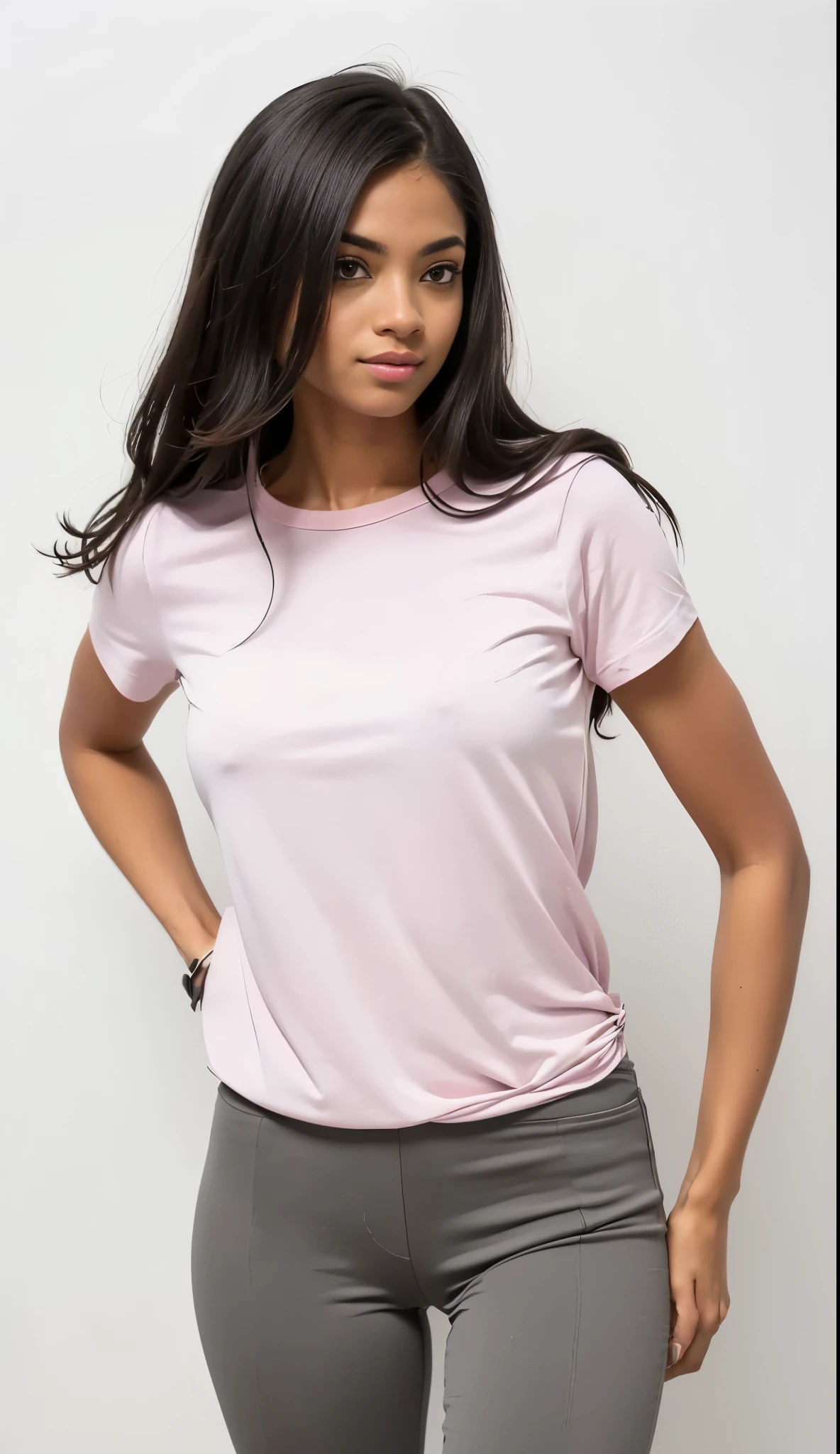 a white woman in a rosa shirt and grey pants posing for a picture, Manga curta, rosa shirt, 3/4 vista frontal, rosa clothes, roupas pastel, rosa, camiseta, splendid, Roupa casual, contorno suaves, vestindo uma camiseta muscular, pastel&#39;, vista frontal superior lateral, vestindo um top fofo, contorno suave, modern Roupa casual, e 2k