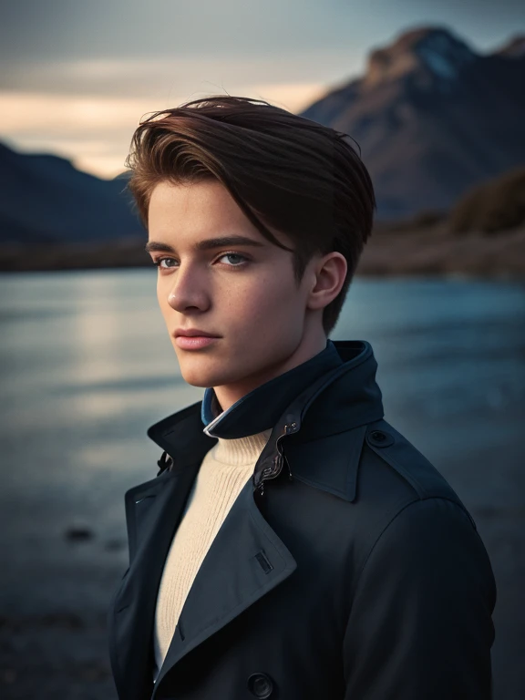 Portrait of a beautiful young man, 21 years old, wearing a trench coat, elegant black trench coat, snowy mountains, geek model, film grain, symmetrical, focus on the boy, medium shot, looking at the camera, blue eyes, beauty, pose, elegnt, elegant clothes, cold light, redhead, authentic, cinematic light, dramatic light