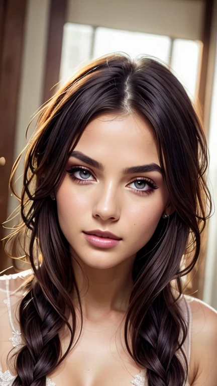 masterpiece,(best quality, illustration,detailed face:1.3),(1 ultra hot sexy girl:1.3),beautiful detailed eyes, gradient_background, braid , purple eyes, long messy dark red hair,small breasts,, BREAK, transparent see through minimalist blouse , ponytail, split_ponytail, damp, cleavage