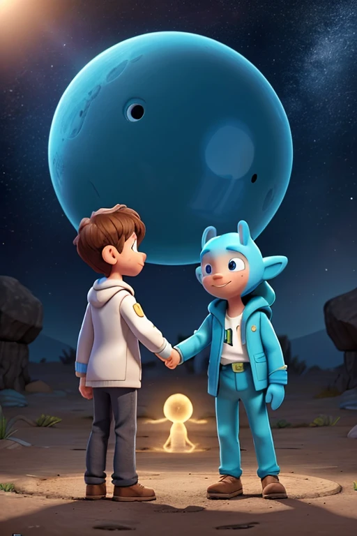 Moment of Connection:

Draw an emotional moment where Luca says goodbye to his alien friends before returning to Earth, showing the special connection they formed during the trip.
 3d children&#39;s drawing 6 year old boy with glasses brown hair and brown eyes with adventurer backpack You are a talented illustrator(a) e foi convidado(a) para contribuir com imagens para o emocionante livro  "A Aventura do Pequeno Astronauta". Your mission is to bring to life the most memorable moments of Luca&#39;s journey through space, from the moment he faces his fears upon entering the spaceship to the emotional farewell to his alien friends.

