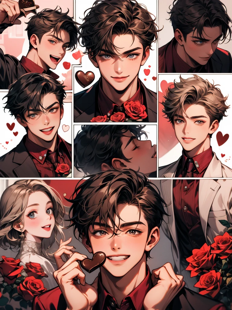 masterpiece, collage of teenage boy, valentine, happy, smile, chocolate, roses, hearts