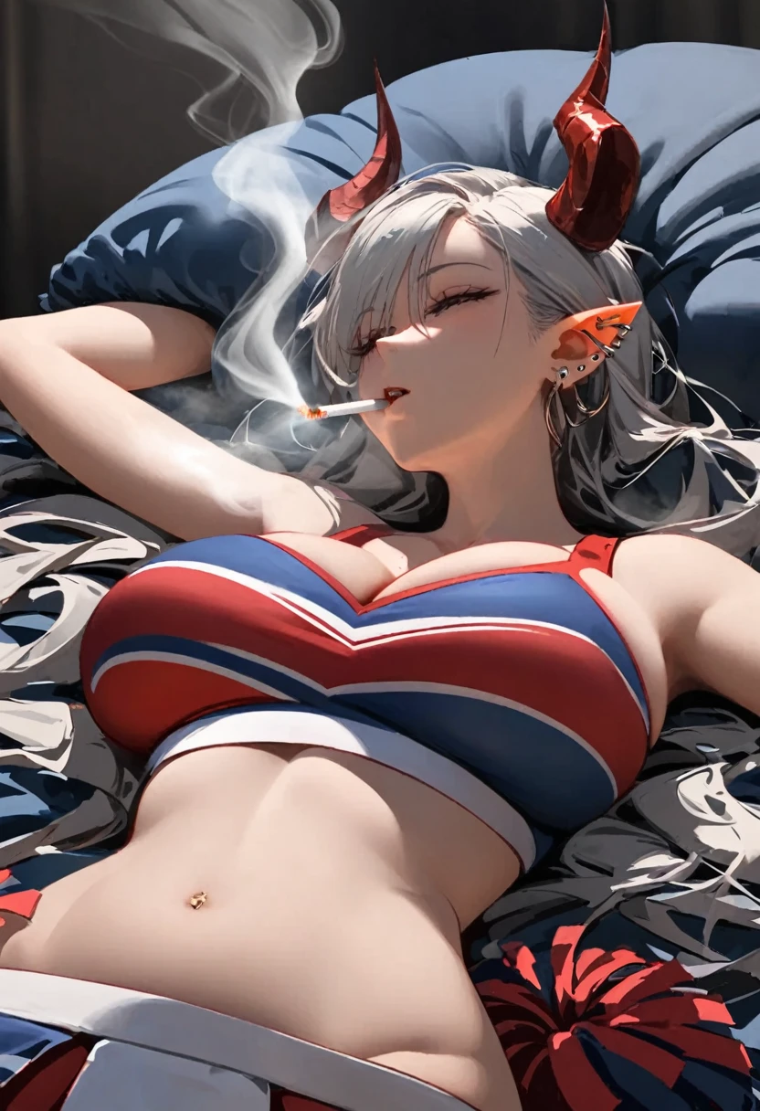 a succubus rapidly smoking cigarettes, lying on her back, piercings, devil horns, cheerleader, very busty, rapidly smoking cigarettes, sucking very hard on cigarette, deeply inhaling, the cigarette ash is growing very long, the cigarette ash is very long, SMOKE IN MOUTH, lots of cigarette ash, 