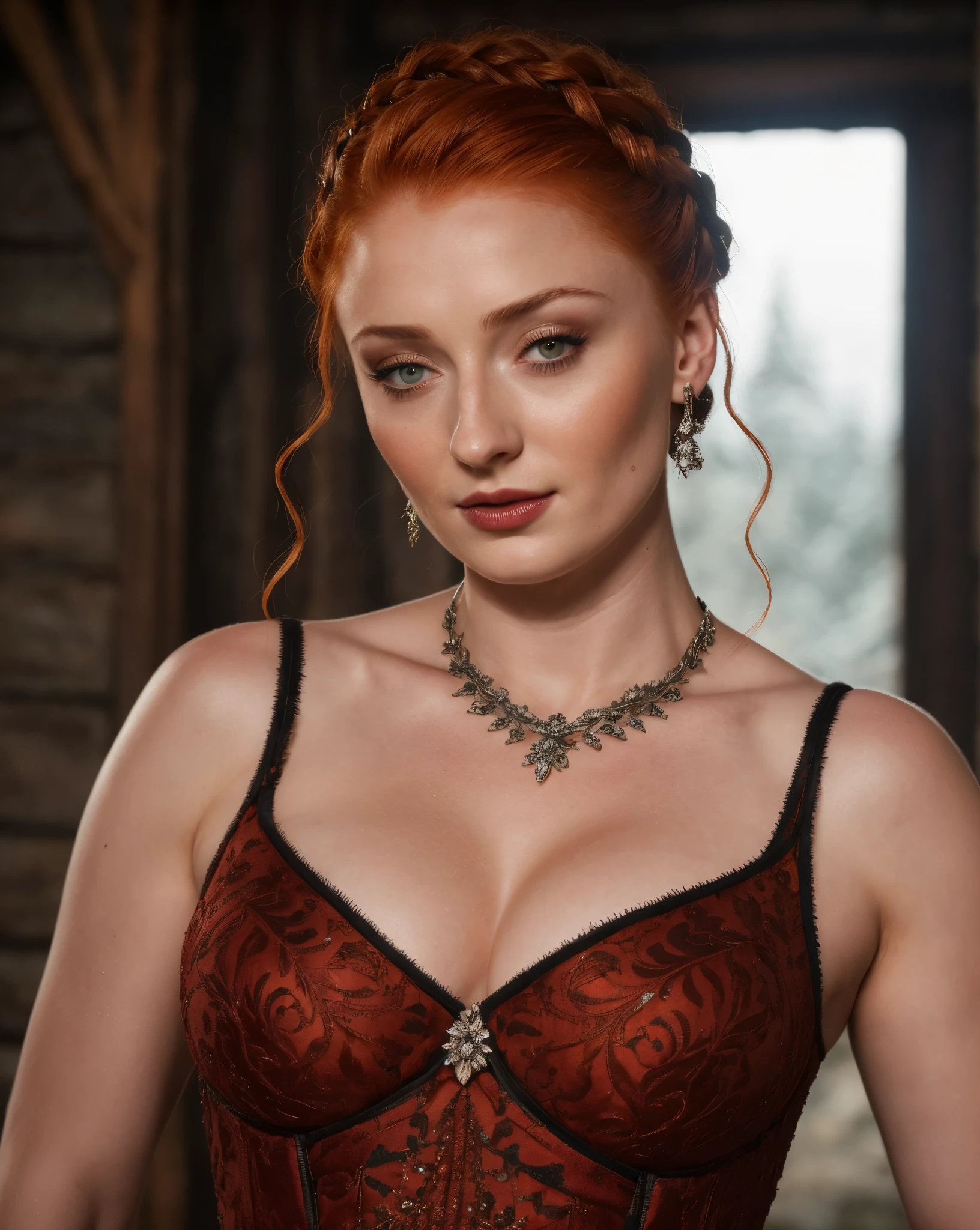 Face of Sophie Turner, Sansa Stark played by Sophie Turner, the de facto Lady of the Eyrie, is a 40-year-old mature queen with a stunning, alluring appearance. Full Face, pierced eyes, reddish lips, upper body shot, erotic Mediaeval costumes, game of thrones costumes, She wears a Game of Thrones-inspired costume and has a deep cleavage, a perfect thick body, and a perfect thick figure. The photograph captures her in a close-up, with her skin texture and facial features being ultra-realistic and realistic. Juicy thick figure, high quality skin, Skin pores, amazing details, snow, snow flakes, semi realistic, extremely detailed eyes, dark moody orange and black settings, cool environment, artificial intelligence