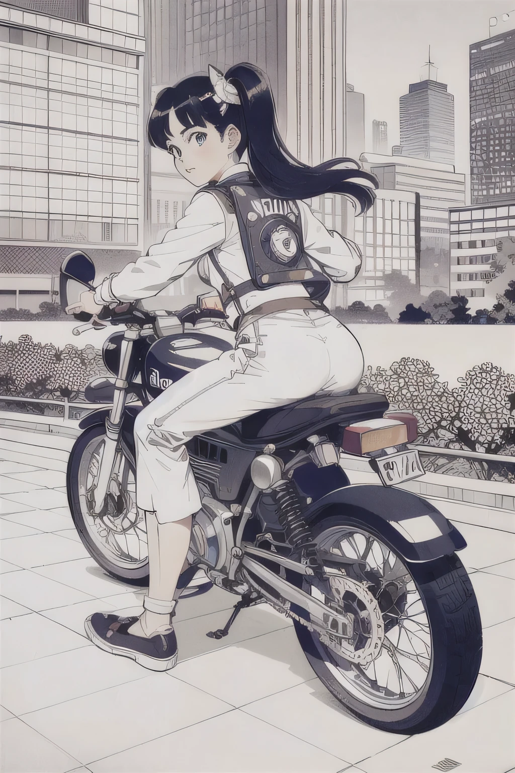 1 garota andando de moto, technological clothing, cidade ciberpunk, Sozinho, futurista, lua enorme ao fundo, black andwhite, by Akira Toriyama
