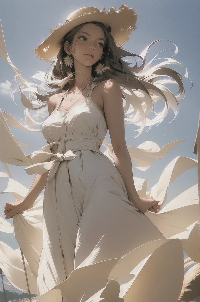[full:upper:6] body photo of an attractive 30 year old beautiful woman wearing casual sundress and a sun hat standing in wheat fields holding one hand in the air, solo, [caucasian|swedish|italian], messy long [white|blonde] hair, slim body, large green eyes, luscious lips, freckles, looking at the camera, detailed face, detailed eyes, detailed clothes, rural area background, in front of a village, dust, dusty and dirty environment, drought, heatwave, sun rays, midday, summer, heat distorted air, heat distortion, soft lighting, cinematic lighting, backlight, desaturated, refracted sunlight, medium depth of field, high quality, ultradetailed, sharp focus, dslr, uhd, hdr, 8k, intricate details, hyperdetailed, f/5.6, absurdres, professional, photorealistic, photo-realistic, realism, hyperrealism, art photography, analog, award winning masterpiece, vintage, dynamic composition