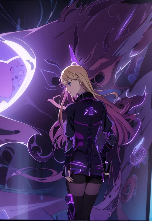 Anime girl, purple outfit, blond hair, blue eyes, black tights, demon in background 
