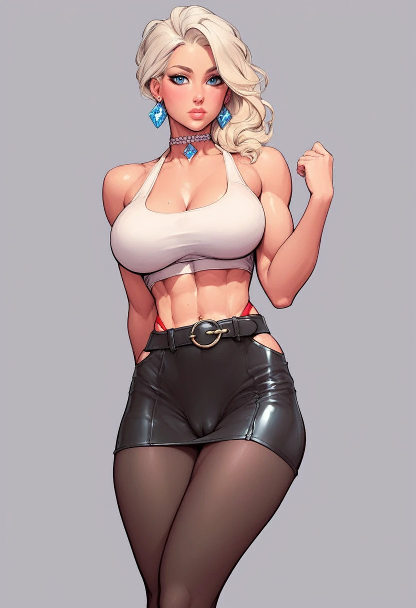 score_9, score_8_up, score_7_up, score_6_up, score_5_up, score_4_up, (best comic art illustration), blonde 22 yo hottie, (asymmetrical hair-length bob haircut), platinum blonde hair, diamond earrings, diamond choker, braless see-through cropped top, large natural breasts, (sexy belt (tight) (black mini micro-skirt)), red highleg-thong cameltoe, (black tights); posing in a powerful stance, toned body; beach background; intricate details, detailed eyes, vivid colors, rating_adult, score_9, score_8_up, score_7_up
