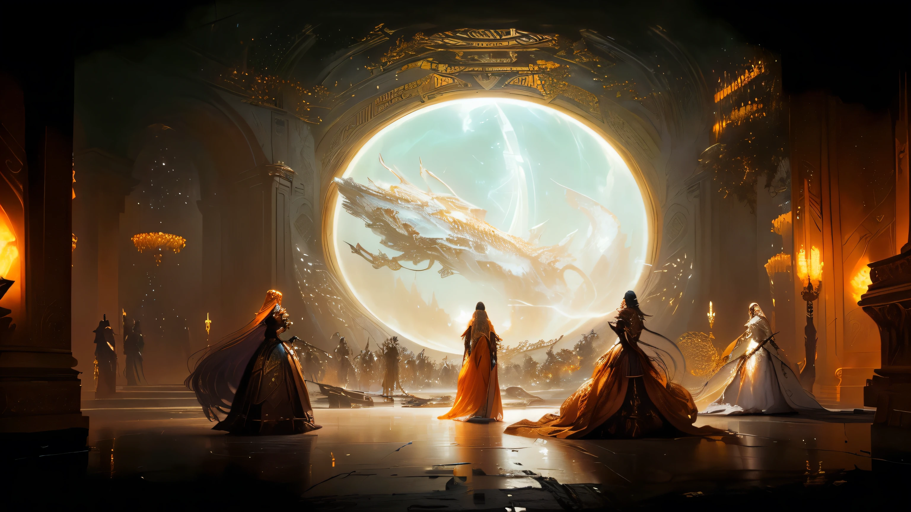 There are four women dressed in elegant, flowing dresses, mostly in sheer, SHIMMERING shades of orange and gold. in a large room with a large circle, elegant cinematic fantasy art, symmetrical epic fantasy art, cinematic fantasy painting, epic fantasy sci fi illustration, painting d’Alexander Kucharsky, gagnant du concours cgsociety. intricate, wide angle fantasy art, ancient science fiction art, epic surrealism 8k oil painting, mystical sci-fi concept art.