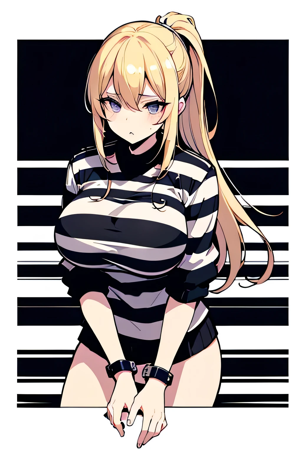 Long blonde hair, handcuffed, arrested, mature female, milf, big breasts ,40 years old, pon prison uniform, prisoner, black and white stripe prison uniform, waifu material, mature, ponytail, oneesan, elder sister 