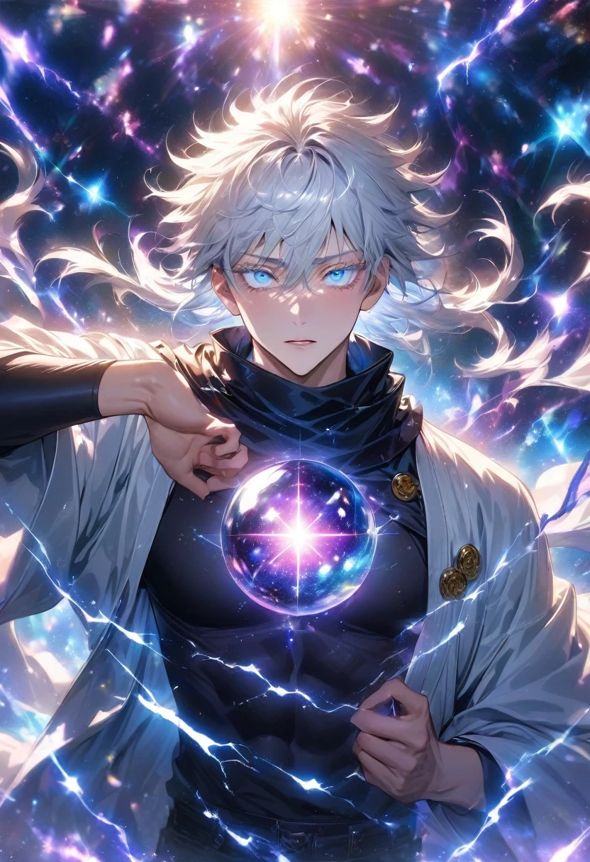 absurdres, highres, ultra detailed, HDR, master piece, best quality, (character trapped inside a crystal ball) Gojo Satoru, white hair, with bangs, hair between the eyes, expressive blue eyes, white eyelashes, Jujutsu Kaisen, solo, sexy man, handsome, white haori, black tight shirt, black scarf, fantasy magical background, sparkling, shining, purple lightning, floating round lights, starry, void
