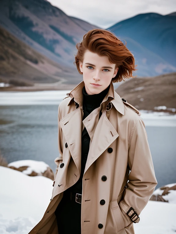 Portrait of a beautiful young man, 21 years old, wearing a trench coat, elegant black trench coat, snowy mountains, geek model, film grain, symmetrical, focus on the boy, medium shot, looking at the camera, blue eyes, beauty, pose, elegnt, elegant clothes, redhead, authentic,