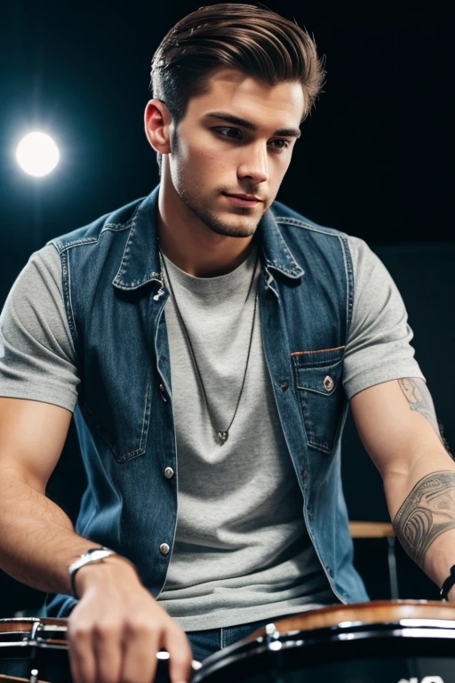 handsome male like a american, 22 years old wearing a casual clothes playing a drums highlights with Men Wedding Ring detailed, with tatto in arm, innocent face, natural brushed up hair, hazel eyes, Handsome 1 people, 1 people handsome, Casual clothes, A hyper-realistic, playing drums expression, on a stage talking with a young people hiquality, Friends group, Nikon, Canon, Fujifilm, HD, 4K, 8k