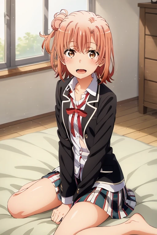 ((highest quality)), ((masterpiece)), (be familiar with), Perfect Face, indoor, Bedroom, Watching the audience,
One woman, Yuigahama Yui,
Open Mouth, Ecstatic expression, blush, smile,
Small breasts, Flat Chest, Young Girl, , , Girl,
Short Hair, Salmon-colored hair, Salmon-colored eyes, Side Pony,
Leg spread,