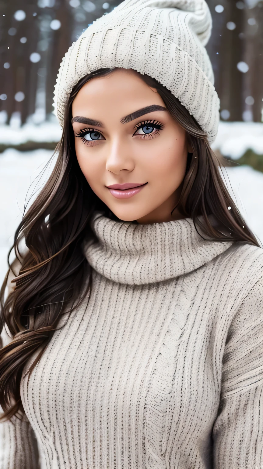 Very very very sexy girl, 1girl, solo, brunette hair, parted hair style, wearing long jumper, wearing a woollen beanie, full body shot, body focus, Detailed skin, Detailed Face, Detailed Lips, Detailed Eyes, light make up, seductive smile, happy, textured skin, super detail lighting,  snowy background, winter atmosphere, 