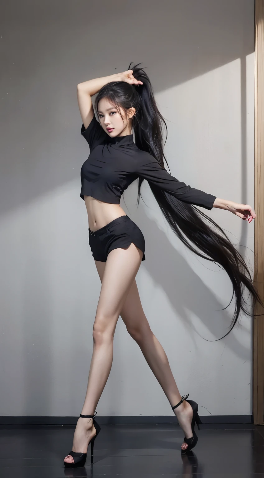 Chinese-Japanese mixed-race high heels jazz dancer model,Black clothes,Black shorts,Black extra-high heels,Super beautiful,fit,Slim abs,long hair,Small waist,beautiful,full-body shot,Clothes are slim-fitting,Smooth lines,The curve is obvious,Long legs,slender legs,beautiful背影。Wearing a high ponytail,braid,Do ballet moves