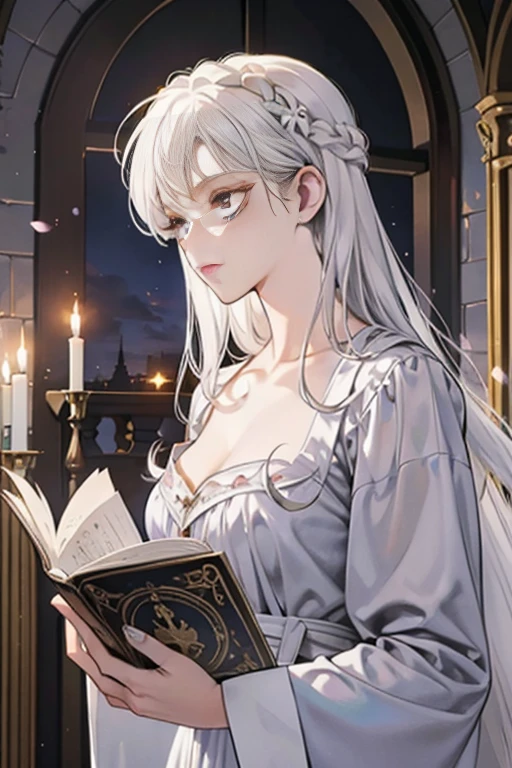Beautiful woman reading in a medieval castle，long silvery-white hair，light purple eyes，robe noire，bijoux，temperament，Full HD，Beaucoup de détails，Cinematic texture，light，Meticulously drawn，atmosphère