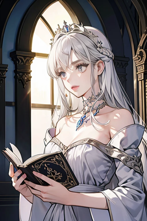 Beautiful woman reading in a medieval castle,long silvery-white hair,light purple eyes,robe noire,bijoux,temperament,Full HD,Beaucoup de détails,Cinematic texture,light,Meticulously drawn,atmosphère