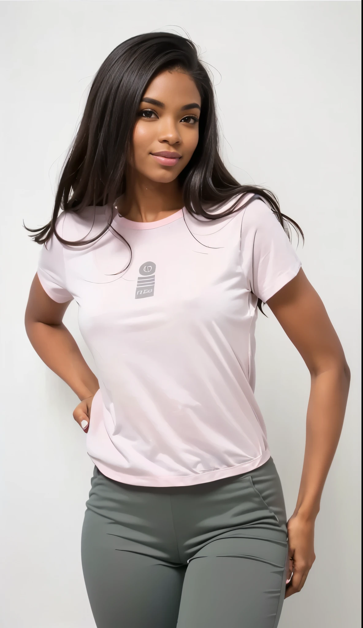 a white woman in a rosa shirt and grey pants posing for a picture, Manga curta, rosa shirt, 3/4 vista frontal, rosa clothes, roupas pastel, rosa, camiseta, splendid, Roupa casual, contorno suaves, vestindo uma camiseta muscular, pastel', vista frontal superior lateral, vestindo um top fofo, contorno suave, modern Roupa casual, e 2k