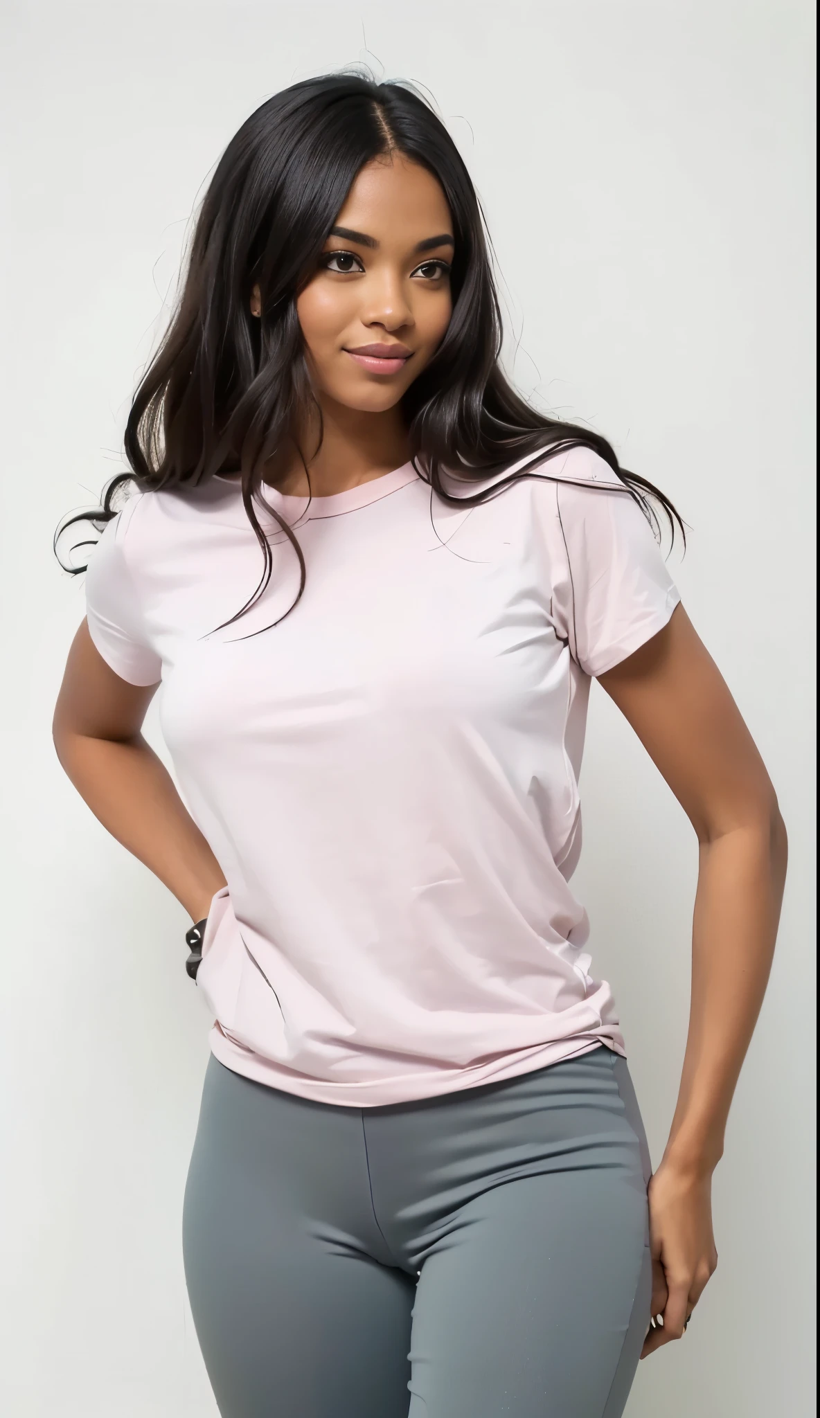a white woman in a rosa shirt and grey pants posing for a picture, Manga curta, rosa shirt, 3/4 vista frontal, rosa clothes, roupas pastel, rosa, camiseta, splendid, Roupa casual, contorno suaves, vestindo uma camiseta muscular, pastel', vista frontal superior lateral, vestindo um top fofo, contorno suave, modern Roupa casual, e 2k