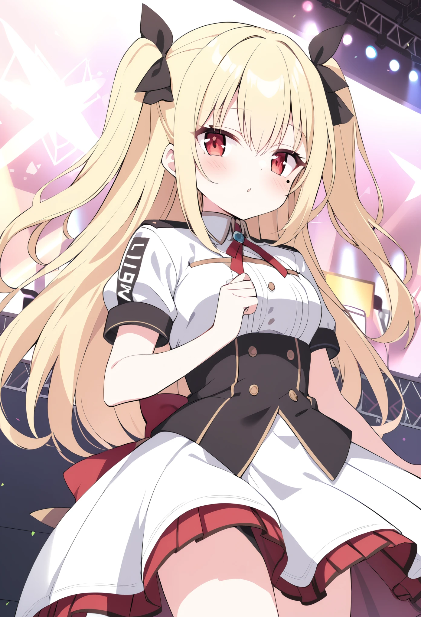 mariyah, red eyes, long hair, blonde hair, two side up, under eye, Live Stage, uniform