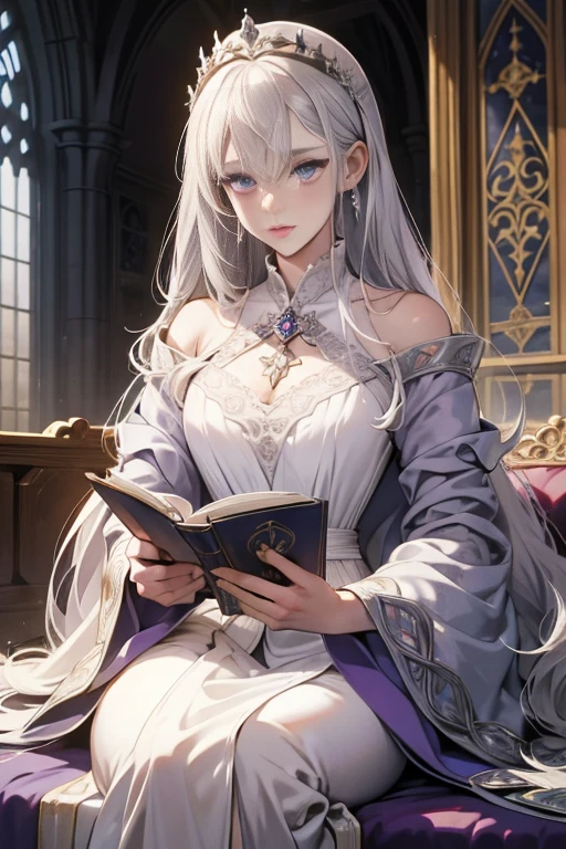 Beautiful woman reading in a medieval castle，long silvery-white hair，light purple eyes，robe noire，bijoux，temperament，Full HD，Beaucoup de détails，Cinematic texture，light，Meticulously drawn，atmosphère