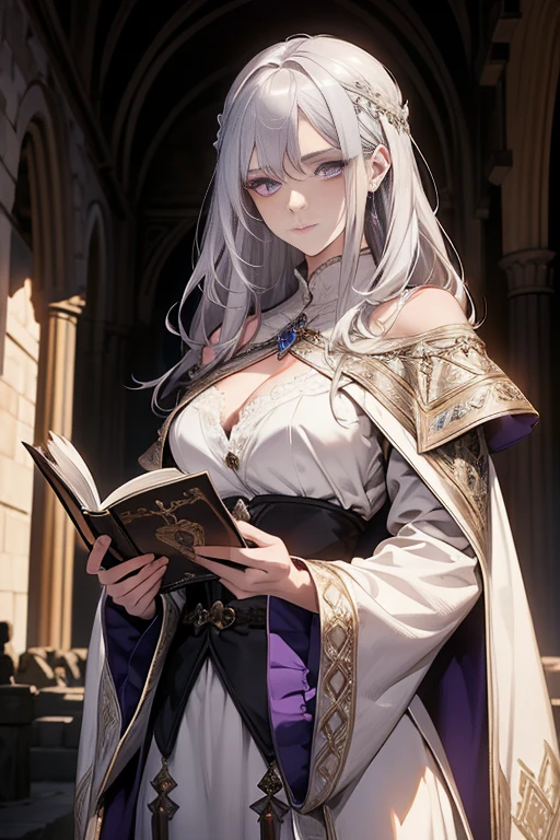 Beautiful woman reading in a medieval castle，long silvery-white hair，light purple eyes，robe noire，bijoux，temperament，Full HD，Beaucoup de détails，Cinematic texture，light，Meticulously drawn，atmosphère