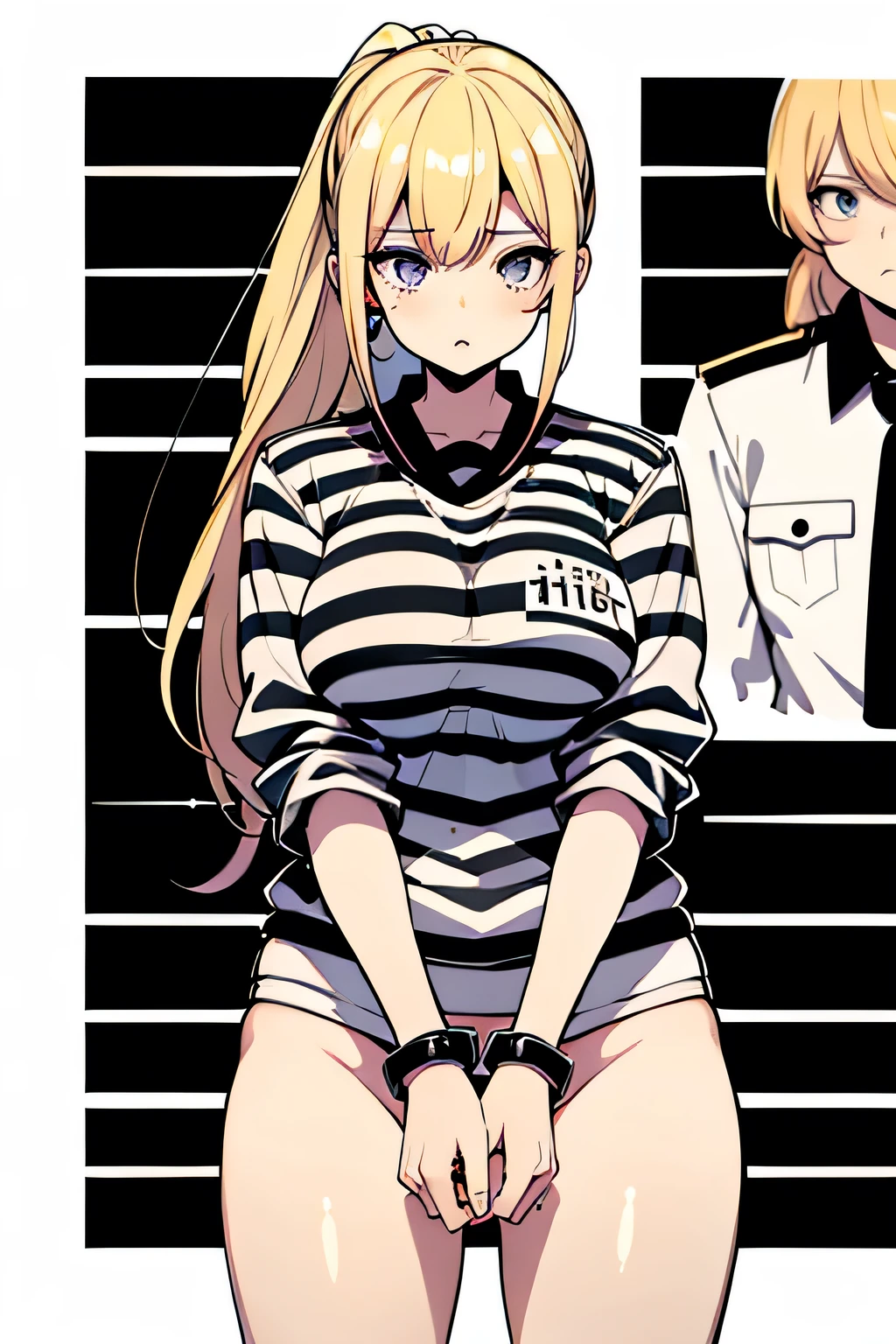 Long blonde hair, handcuffed, arrested, mature female, milf, big breasts ,40 years old, pon prison uniform, prisoner, black and white stripe prison uniform, waifu material, mature, ponytail 