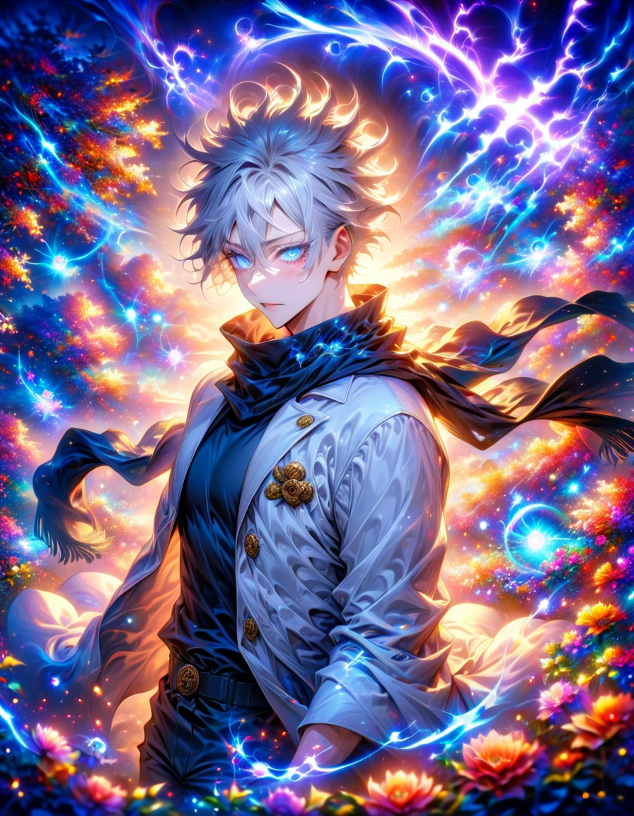 absurdres, highres, ultra detailed, HDR, master piece, best quality, Gojo Satoru, white hair, with bangs, hair between the eyes, expressive blue eyes, white eyelashes, Jujutsu Kaisen, solo, sexy man, handsome, white haori, black tight shirt, black scarf, fantasy magical background, sparkling, shining, purple lightning, floating round lights, starry, void