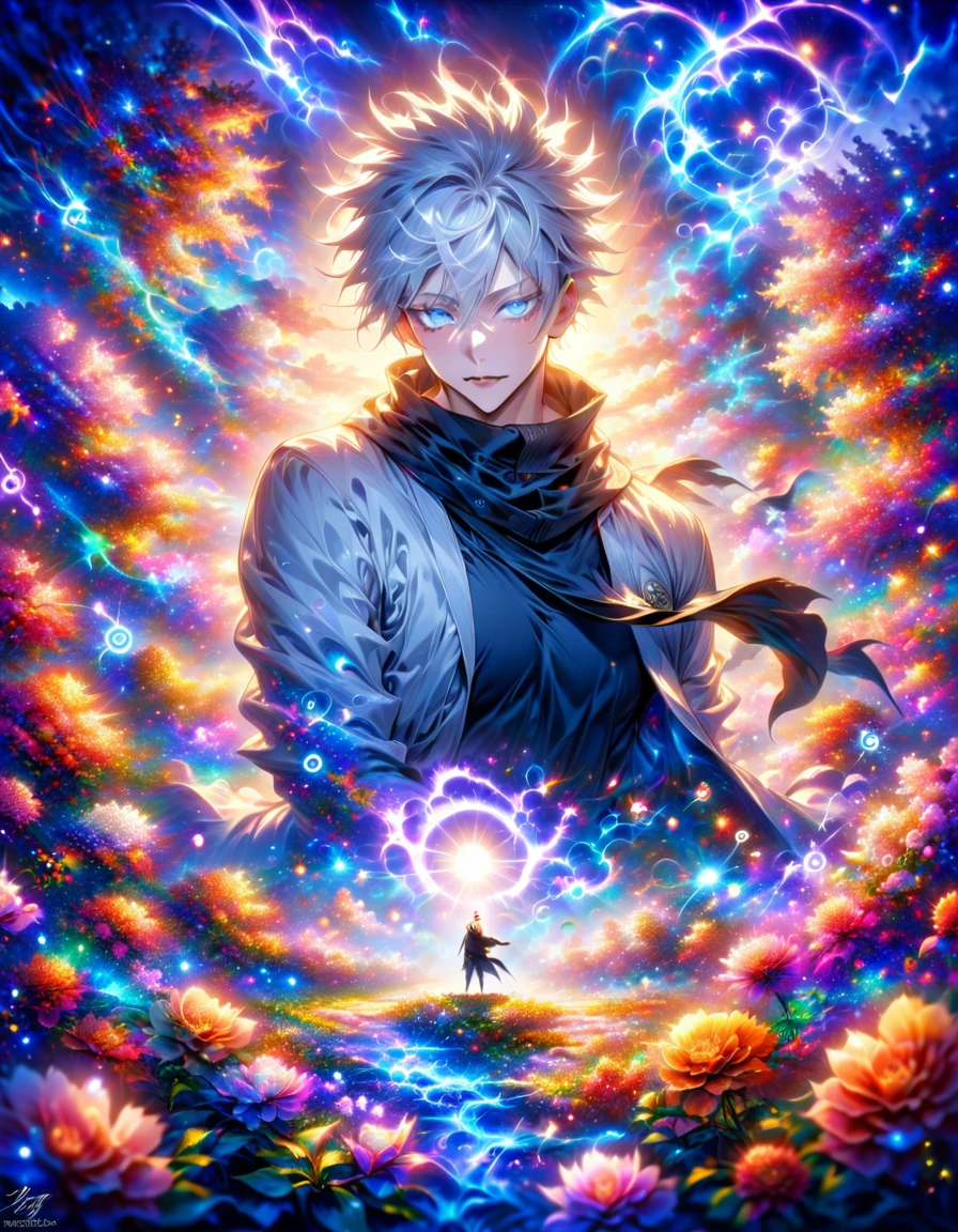 absurdres, highres, ultra detailed, HDR, master piece, best quality, Gojo Satoru, white hair, with bangs, hair between the eyes, expressive blue eyes, white eyelashes, Jujutsu Kaisen, solo, sexy man, handsome, white haori, black tight shirt, black scarf, fantasy magical background, sparkling, shining, purple lightning, floating round lights, starry, void